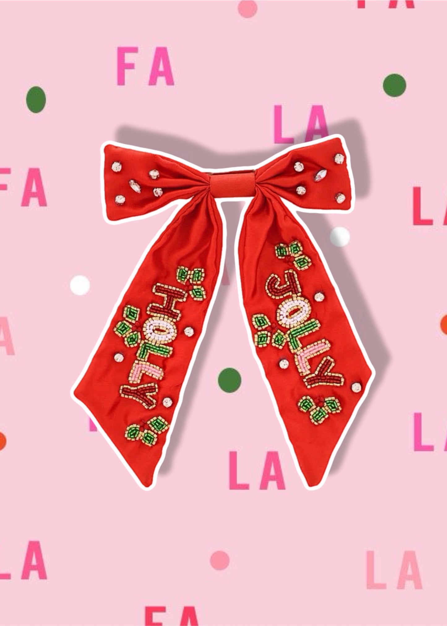 Red Satin Beaded "Holly Jolly" Hair Bow