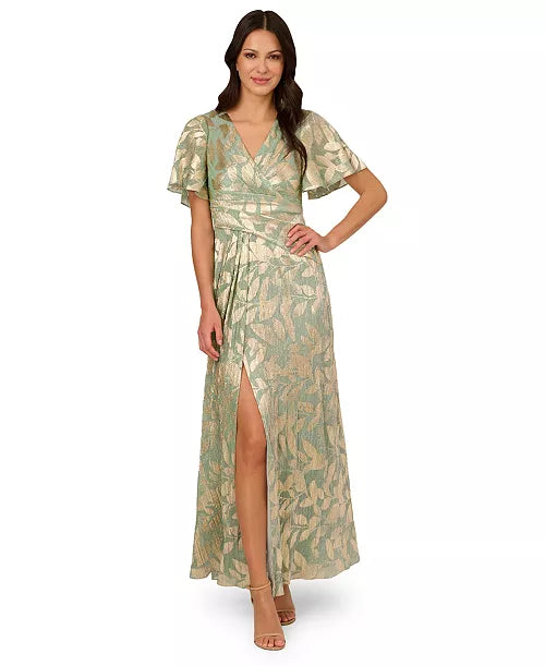 Women's Foil Leaf Flutter-Sleeve Draped Gown