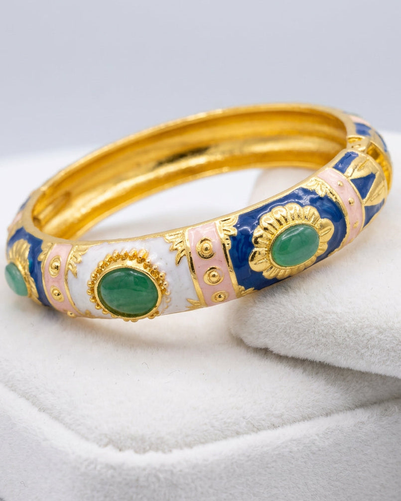 Vintage Ornate Enamel & Green Cabochon Hinged Bangle