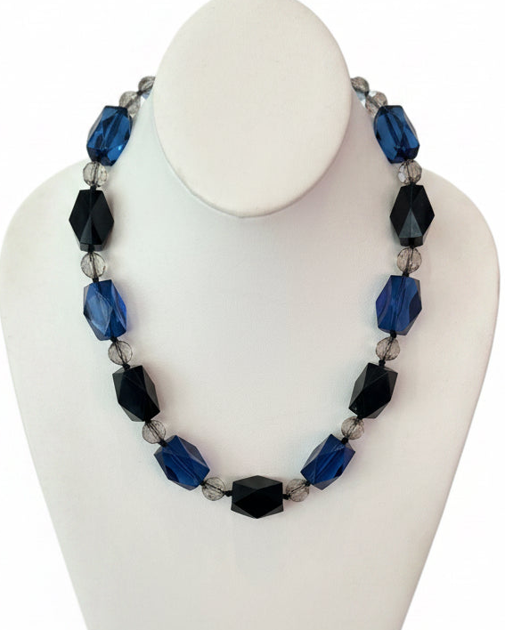Geometric Cobalt Blue & Jet Black Lucite Statement Necklace