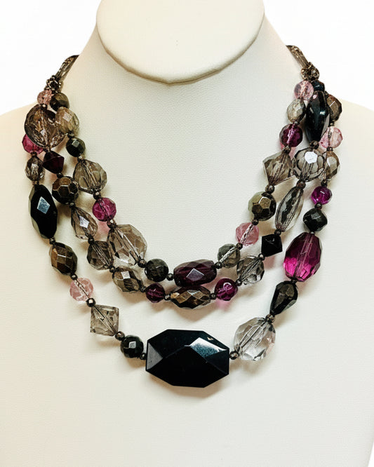 Midnight Plum & Smoky Crystal Multi-Strand Statement Necklace