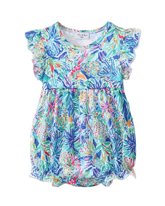 Blue Floral Print Ruffle Bubble