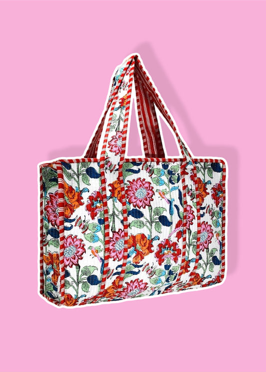 Red Floral Cotton Tote Bag- Small & Large