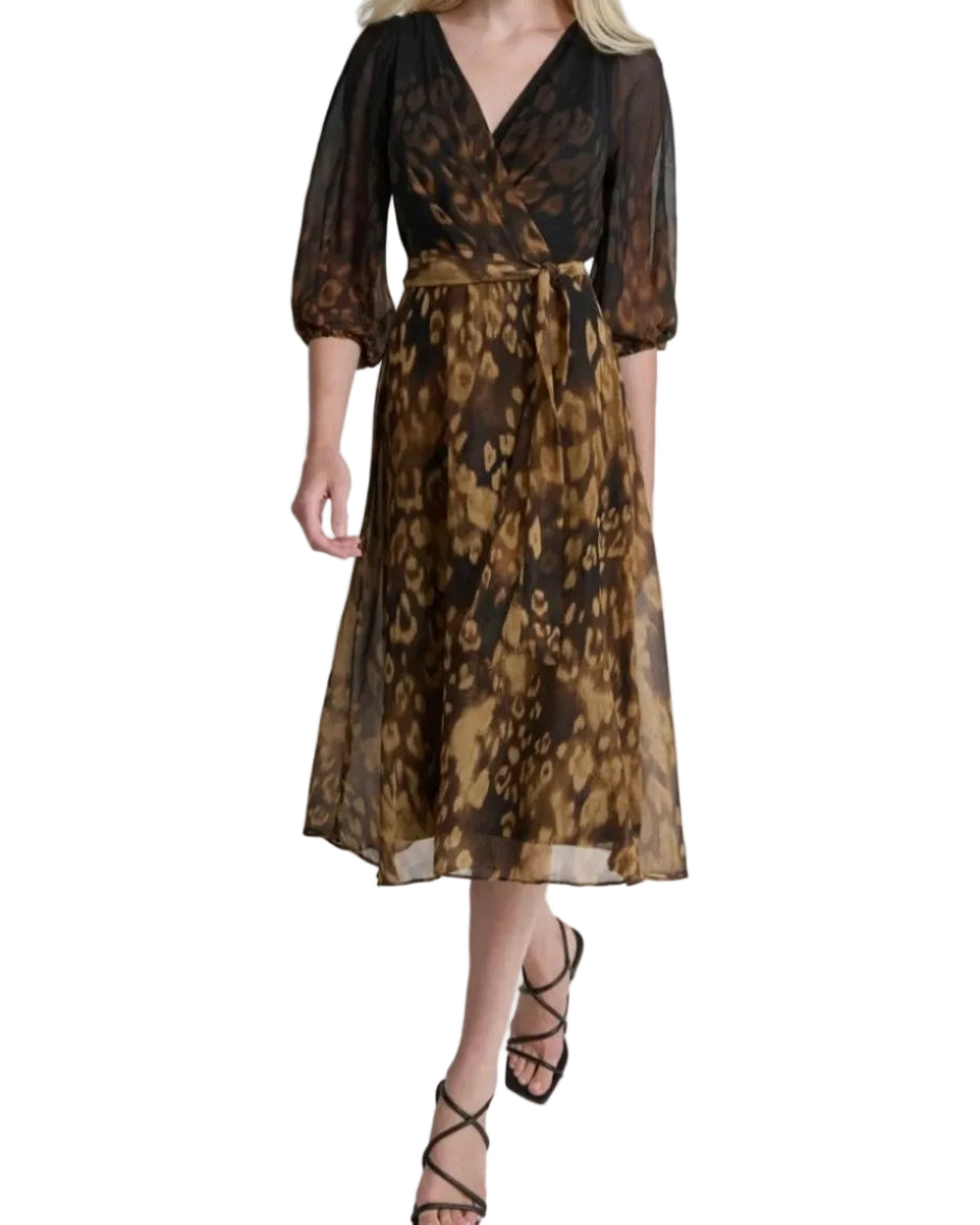 Women's 3/4 Mesh Sleeve Animal Print V-Neck A-Line Dress