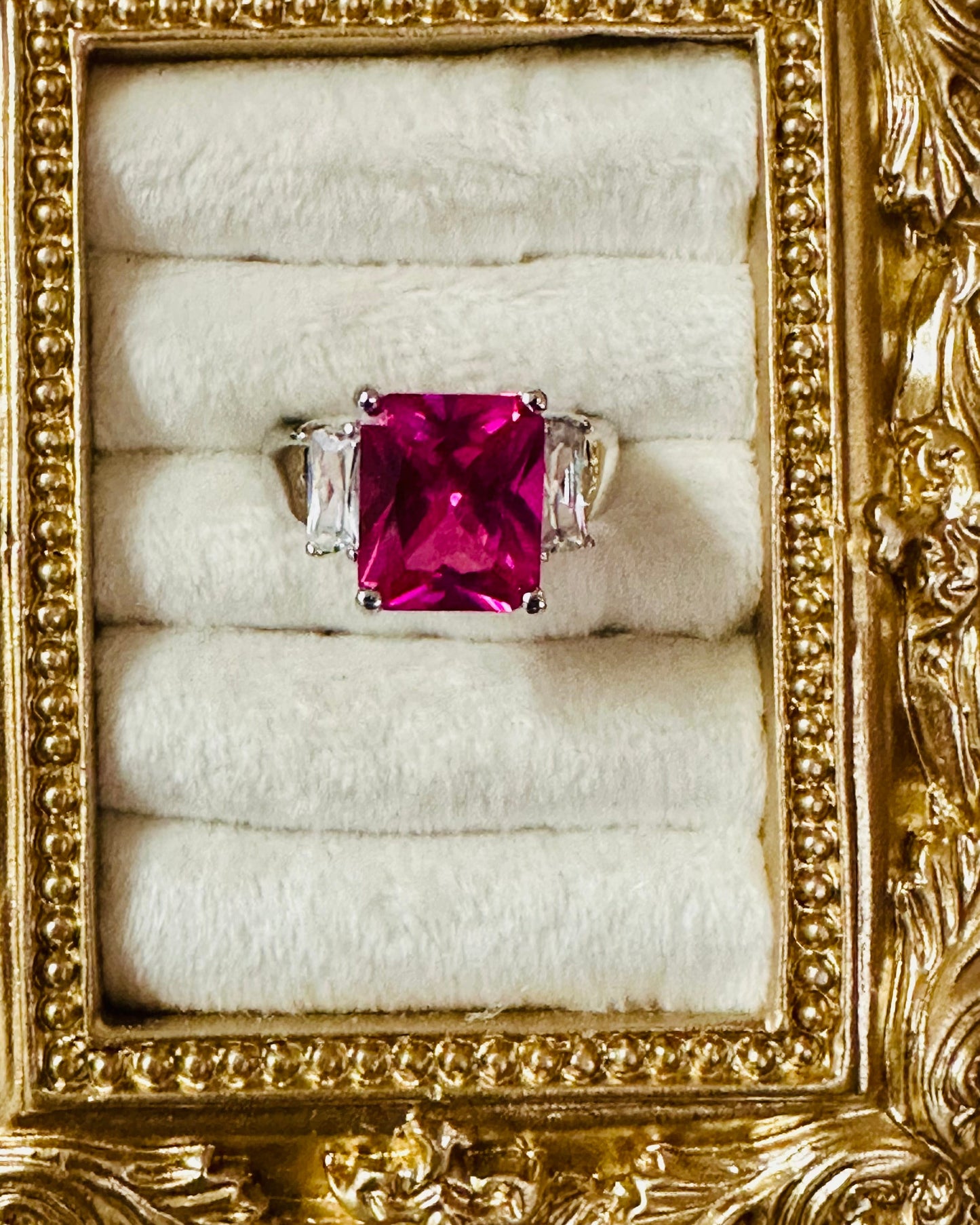 Vintage Three-Stone Hot Pink Radiant Cut Ring