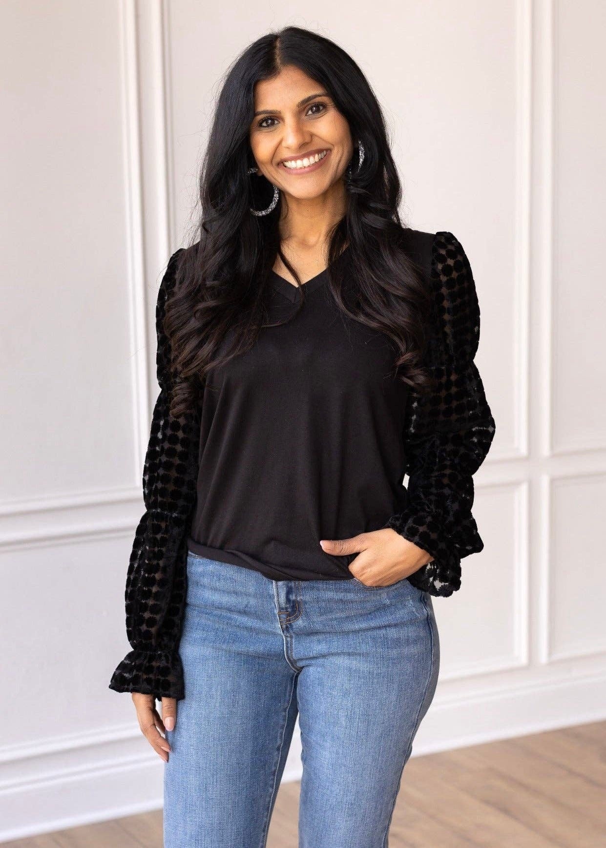 Black Top with Burnout Velvet Sleeves