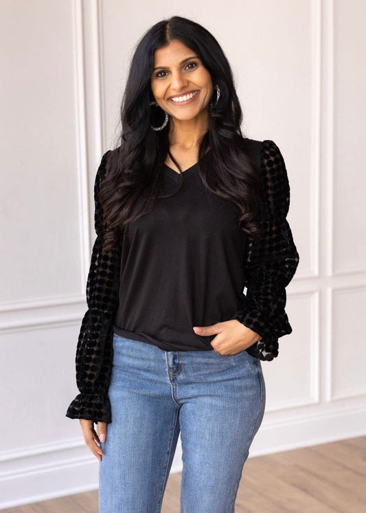 Black Top with Burnout Velvet Sleeves