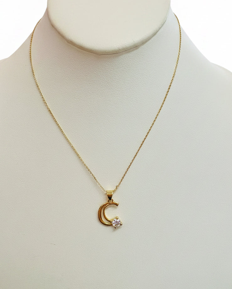 Classic Radiant Gold Crescent Solitaire Necklace