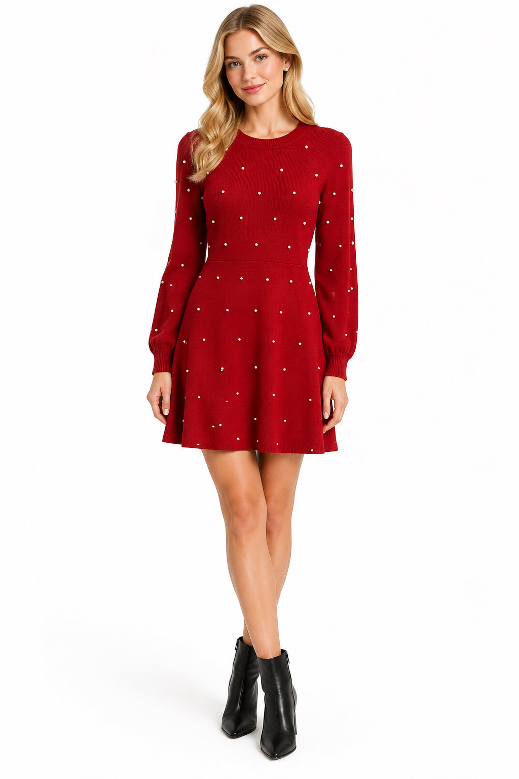 Pearl Embellished Long Sleeve Sweater Knit Dress