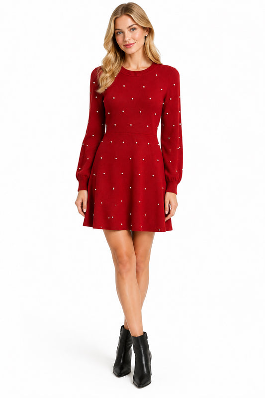 Pearl Embellished Long Sleeve Sweater Knit Dress