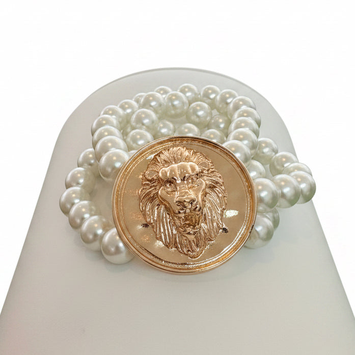 Vintage Multi-Strand Pearl Lion Head Medallion Statement Bracelet