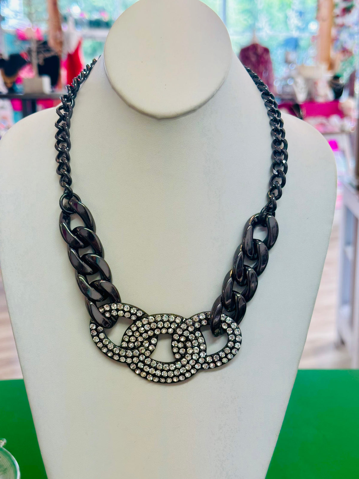 Vintage Gunmetal Pavé Curb Chain Statement Necklace