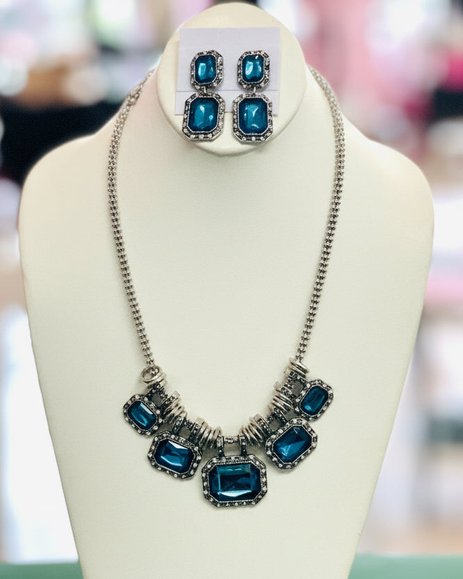 Vintage "Midnight Sparkle" Statement Set – Emerald Cut Brilliant Blue in Silver Tone