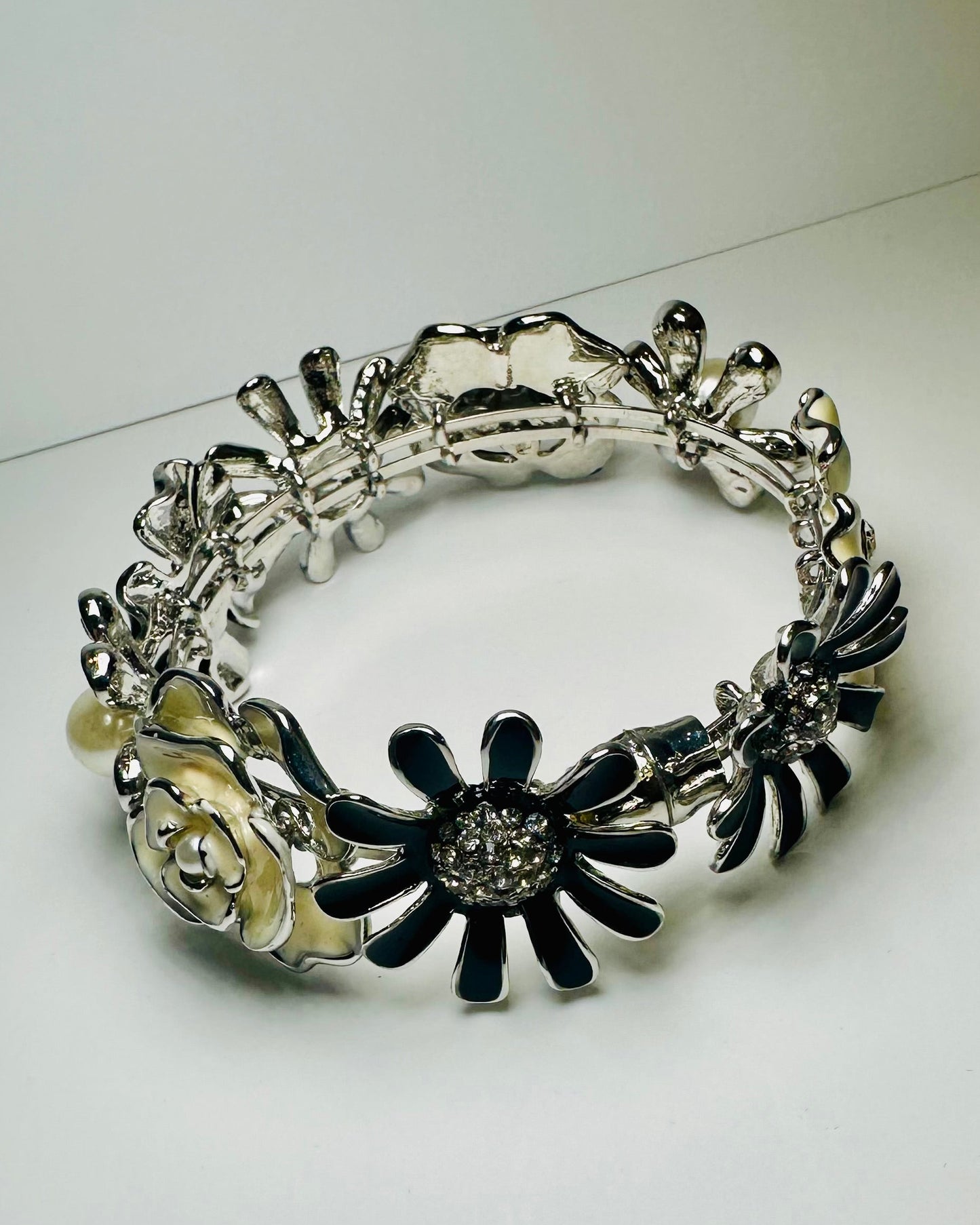Vintage Floral Stretch Enamel & Crystal Bracelet