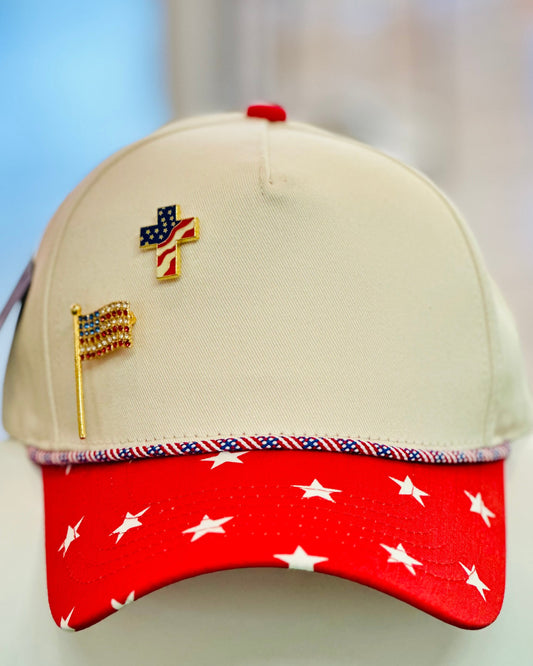 American Baseball Cap & Vintage Patriotic Rhinestone Brooch Set