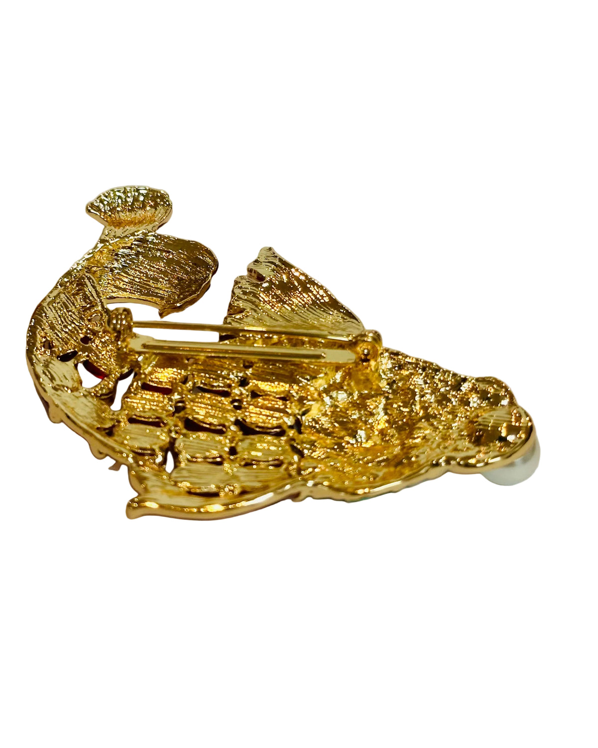 Enamelled Koi Fish Statement Brooch with Pearl and Ruby Rhinestones