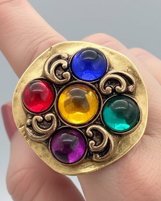 Vintage Runway Gripoix-Style Glass Cabochon Statement Ring