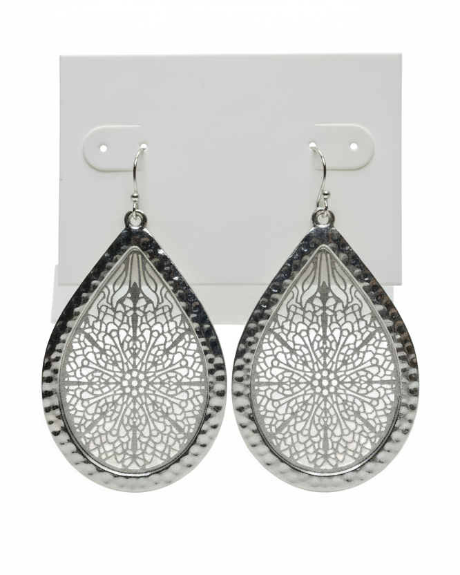 Vintage Filigree Teardrop Silver Tone Dangle Earrings
