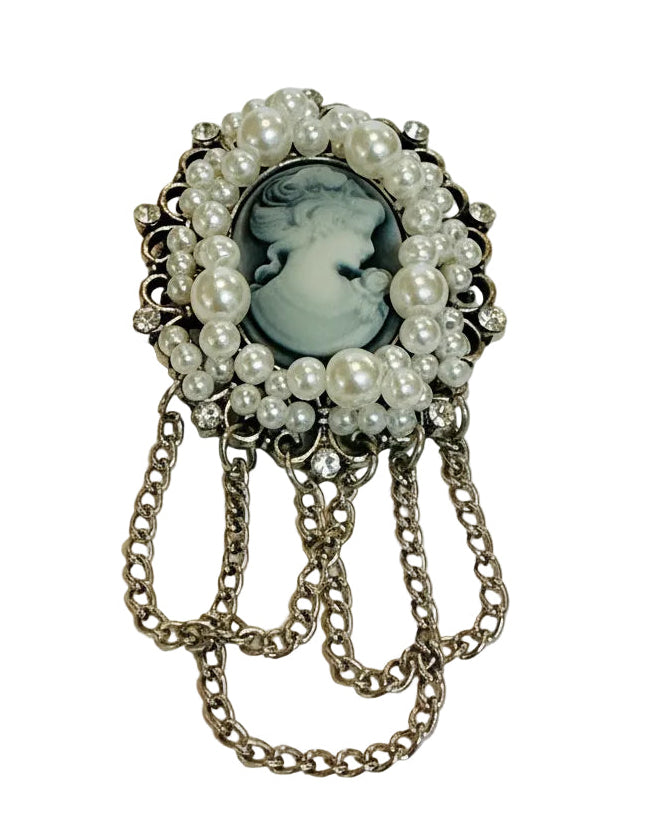 Vintage Victorian Revival Faux Pearl & Swag Chain Cameo Brooch