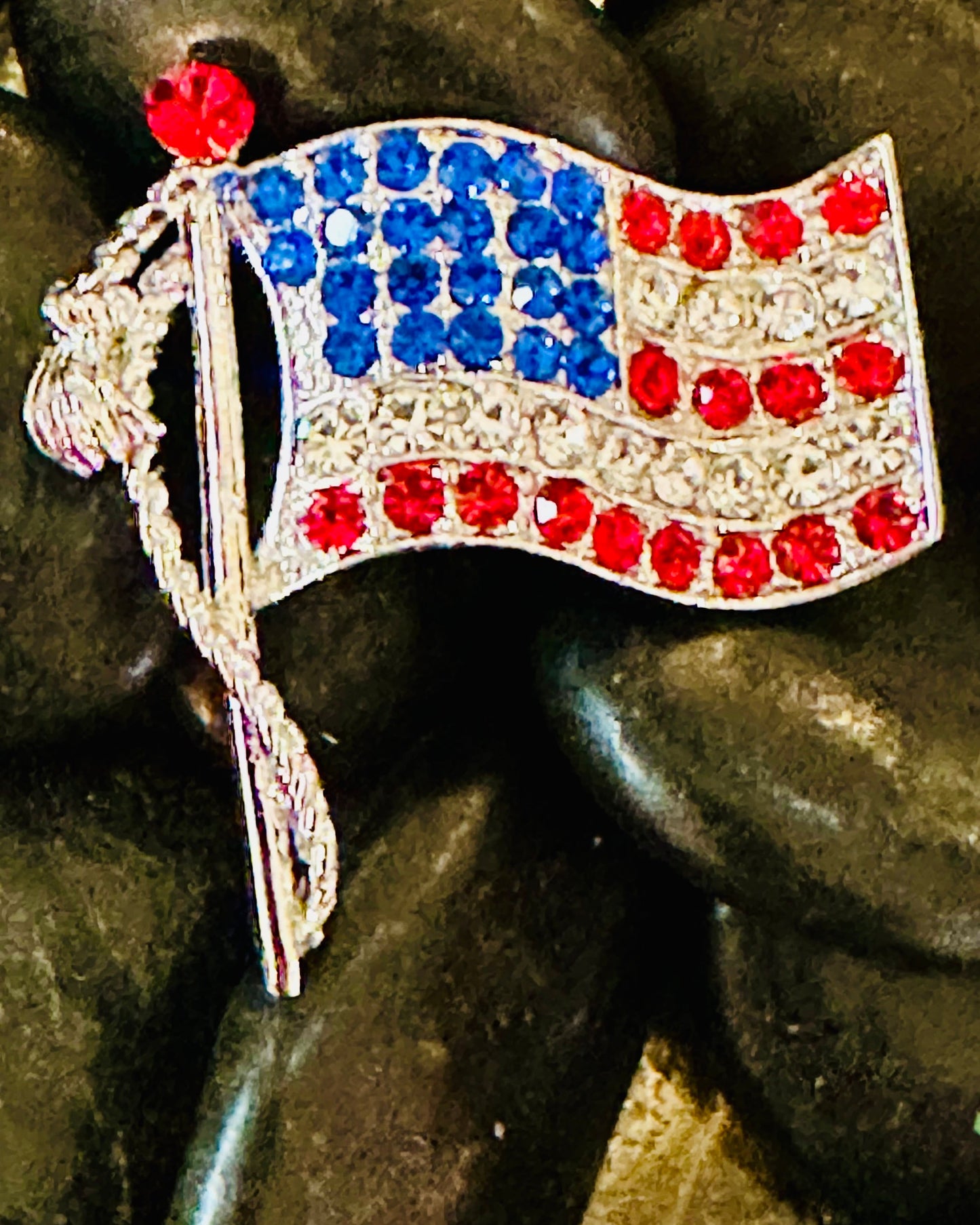 Vintage Rhinestone Waving American Flag Brooch