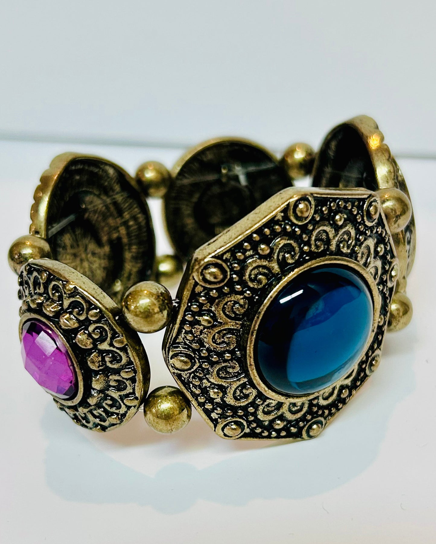 Vintage Etruscan Antiqued Gold Panel Stretch Bracelet