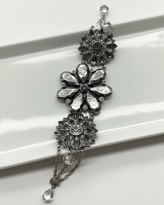 Vintage Deadstock Gunmetal & Crystal Floral Statement Link Bracelet