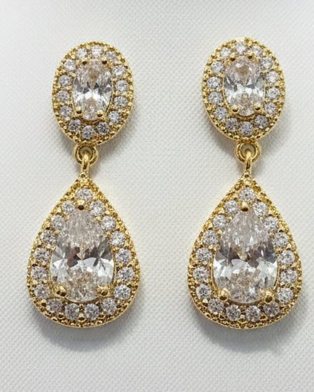 Vintage Imperial Gold Pear & Oval Double Halo Drop Earrings