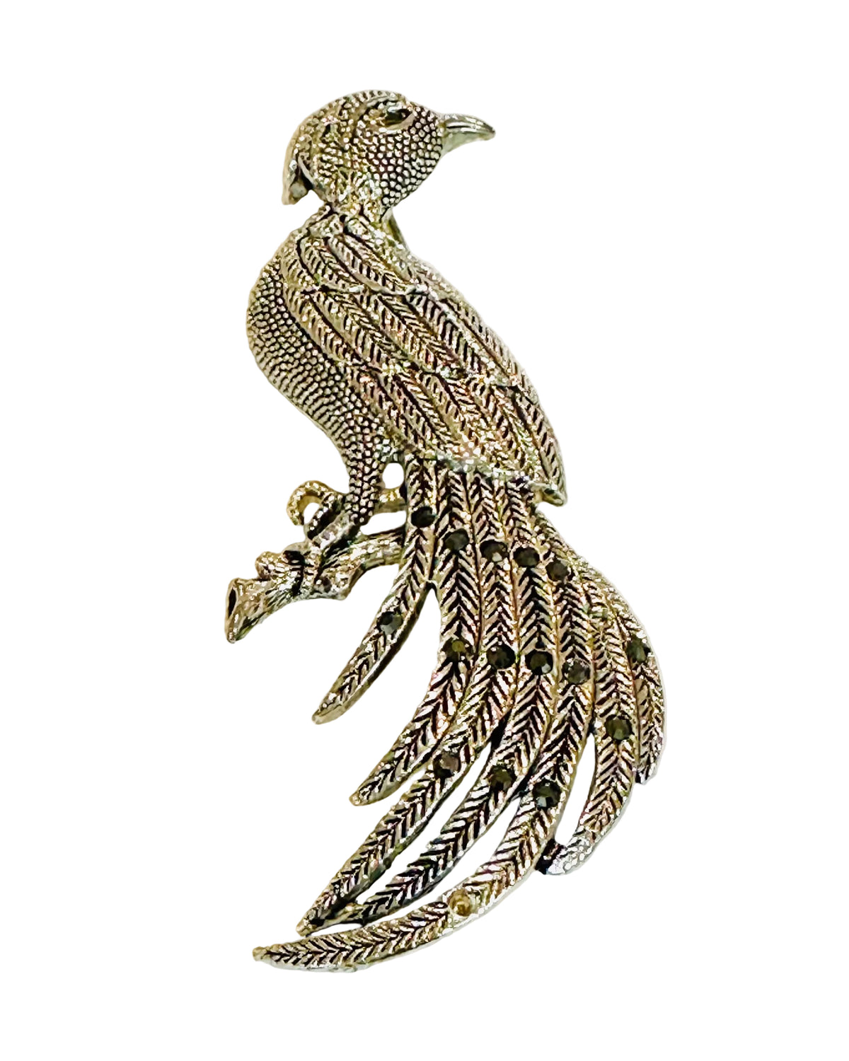Vintage Silver-Tone Textured Exotic Bird Statement Brooch