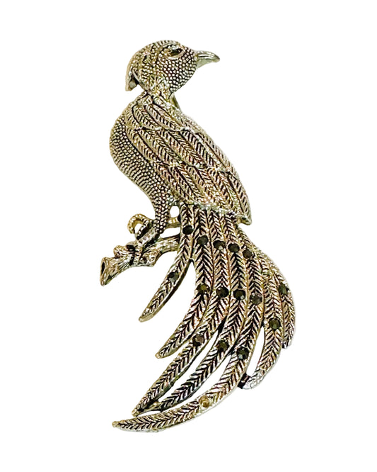 Vintage Silver-Tone Textured Exotic Bird Statement Brooch