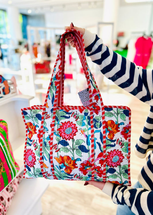 Red Floral Cotton Tote Bag- Small & Large