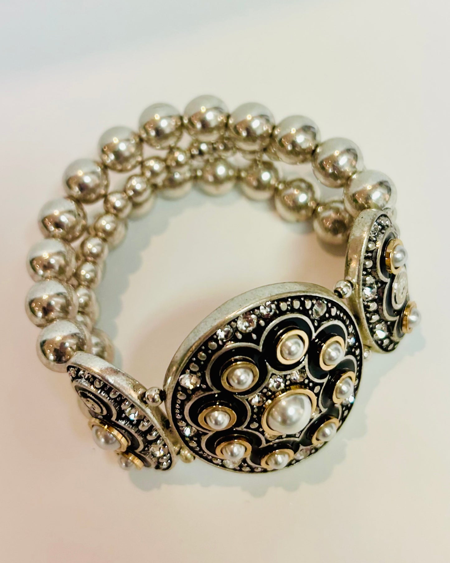 Vintage Mixed Metal Faux Pearl Stretch Panel Bracelet