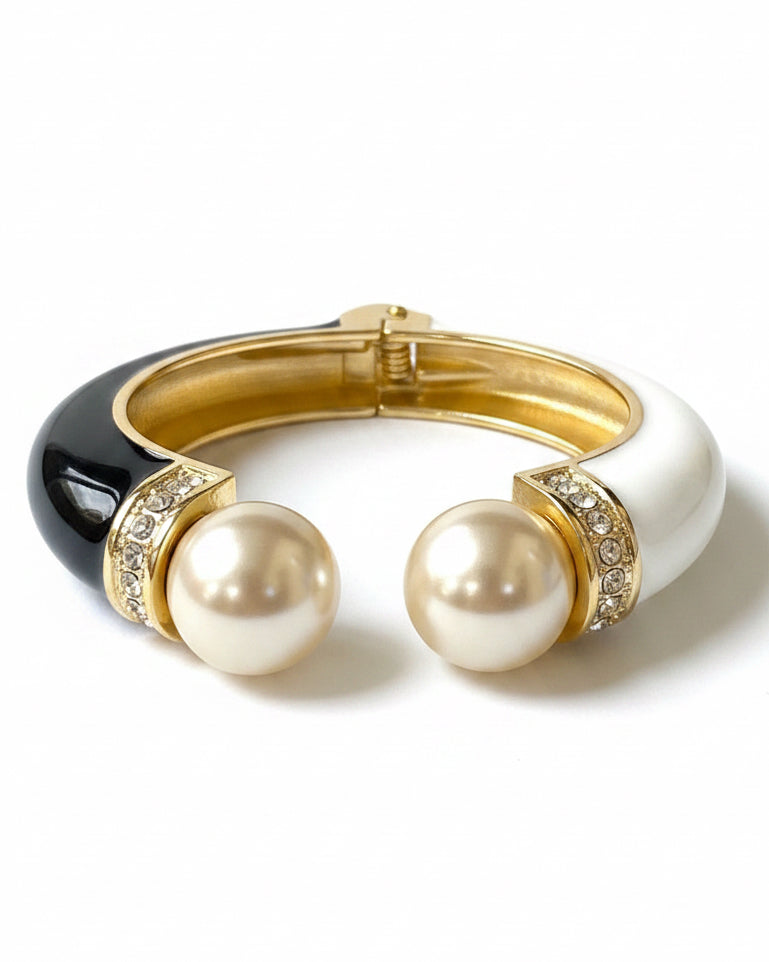Black/ White Pearl Enamel Hinged Bracelet