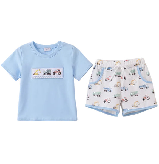Blue Car Embroidery Shorts Set