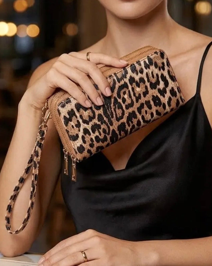 Gia Leopard Print Double Zip-Around Wallet Wristlet