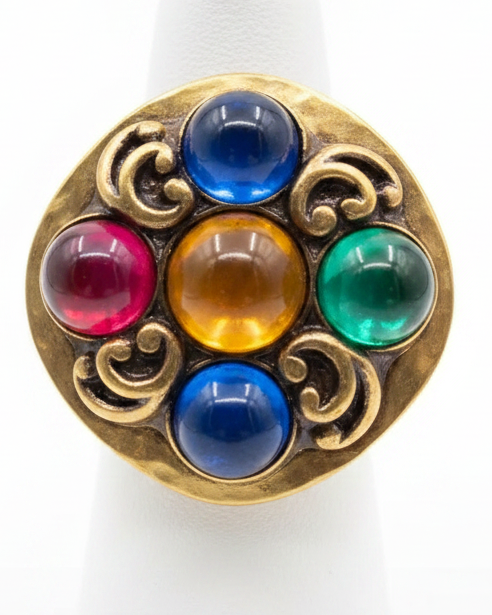 Vintage Runway Gripoix-Style Glass Cabochon Statement Ring