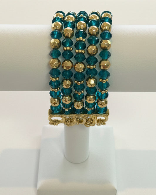 Vintage 5-Strand Teal Crystal & Gold Beaded Cuff Bracelet