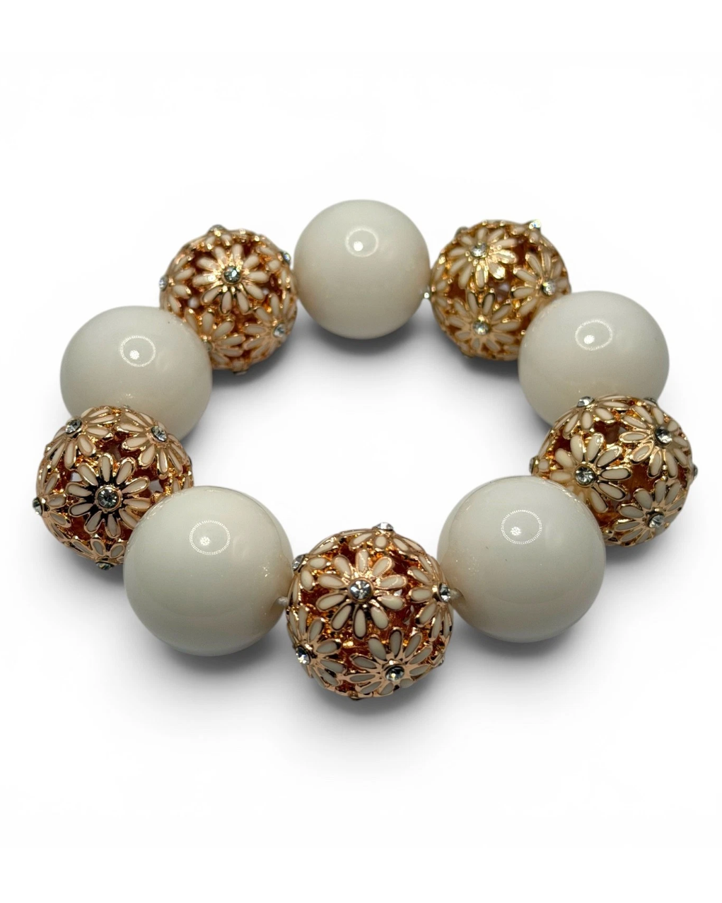 Vintage White Orb & Rose Gold Filigree Flower Statement Bracelet