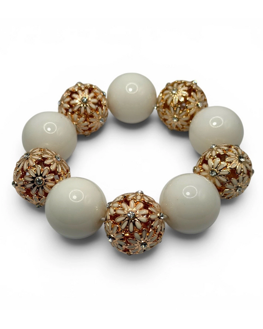 Vintage Joan Rivers White Orb & Filigree Flower Statement Bracelet