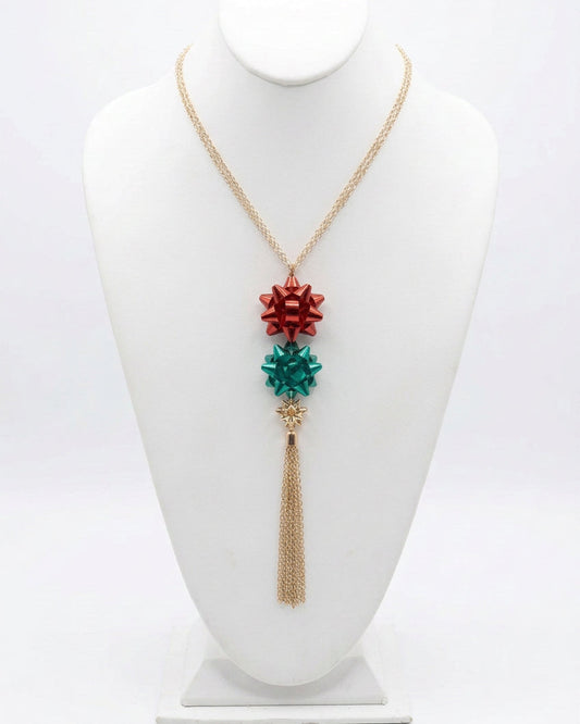 Festive Gift Bow Long Tassel Necklace