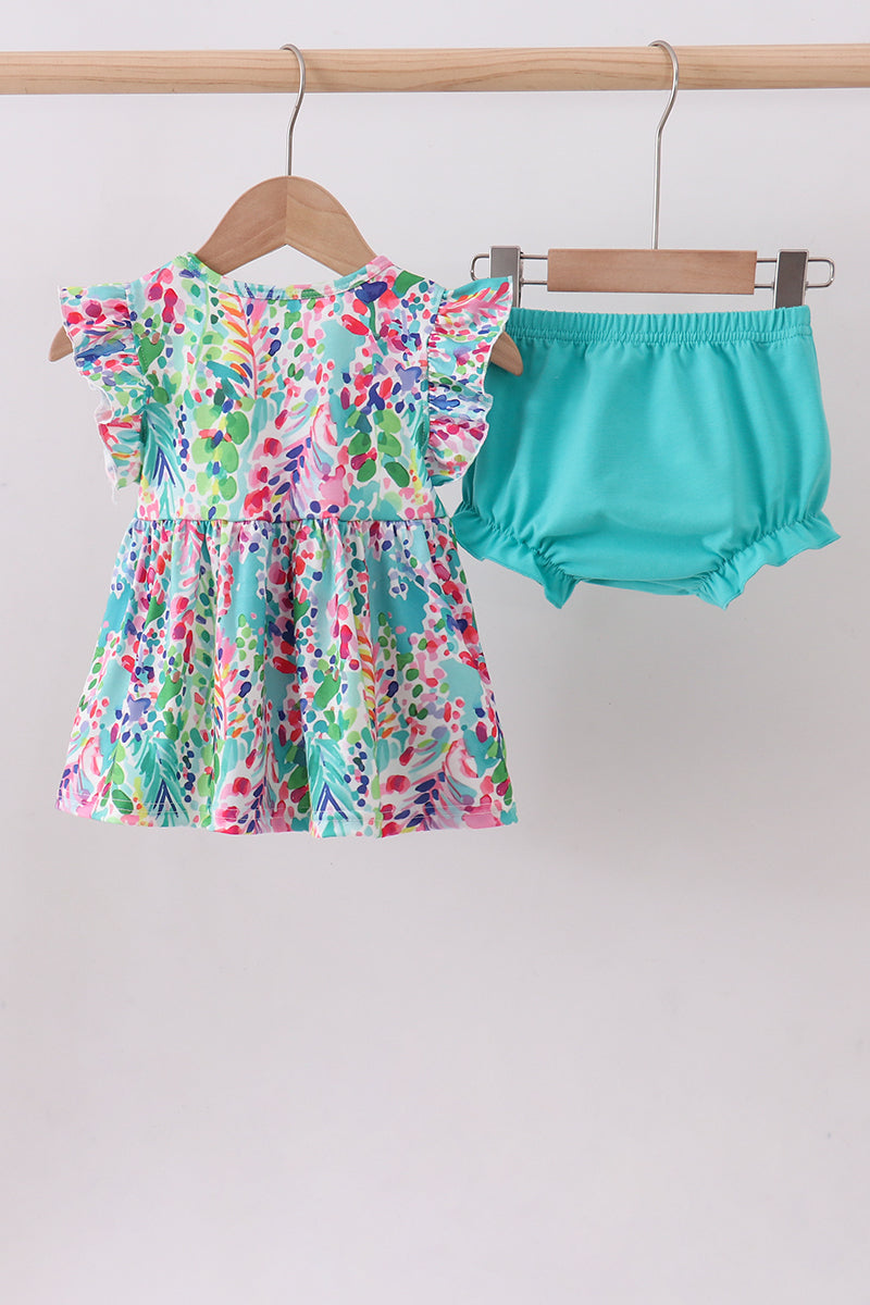 Blue Bright Floral Ruffle Bloomer Set