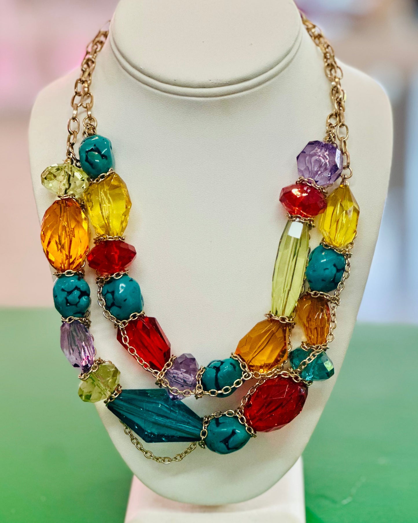 Vintage Kaleidoscope Chunky Triple-Strand Necklace