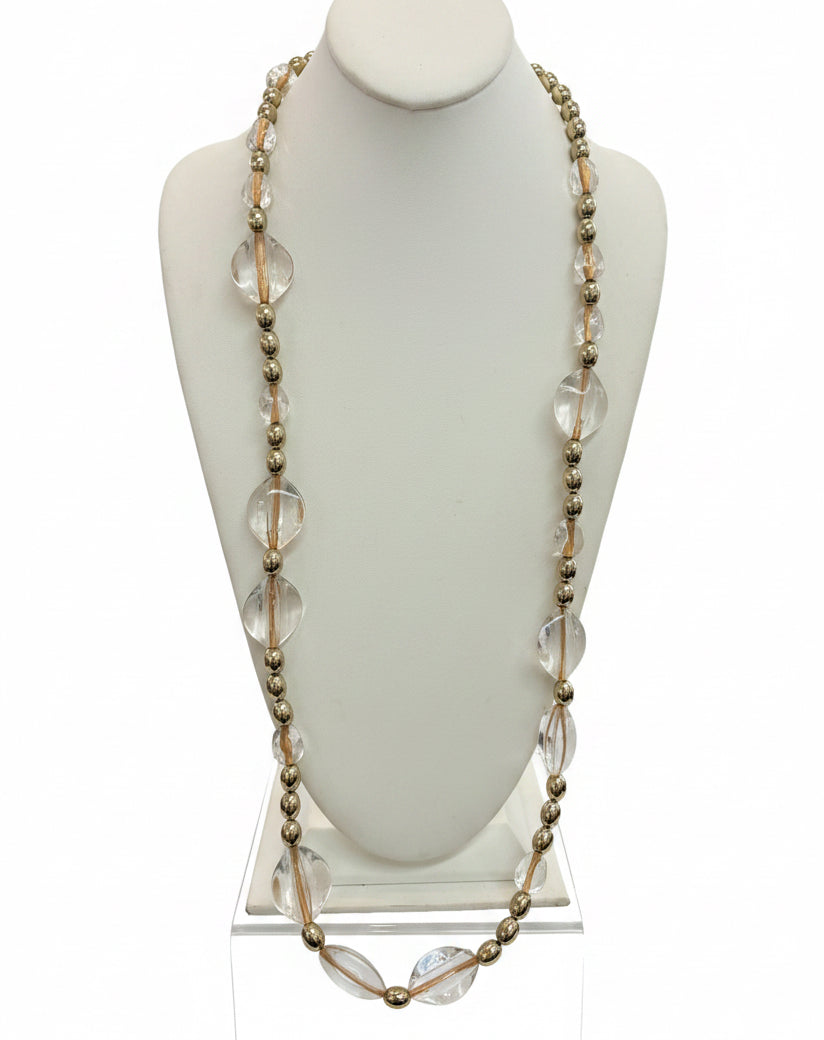 Sculptural Clear Crystal Lucite & Silver Station Flapper Necklace