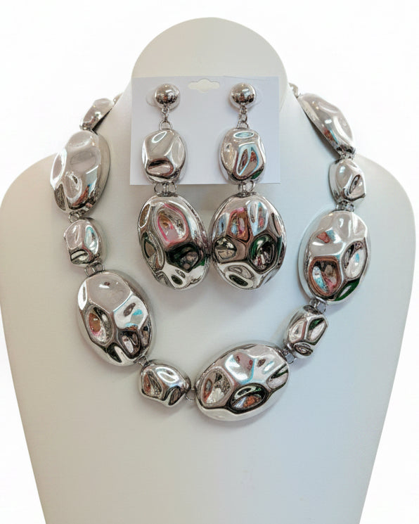 Chunky Molten Silver Nugget Choker Necklace & Earring Set