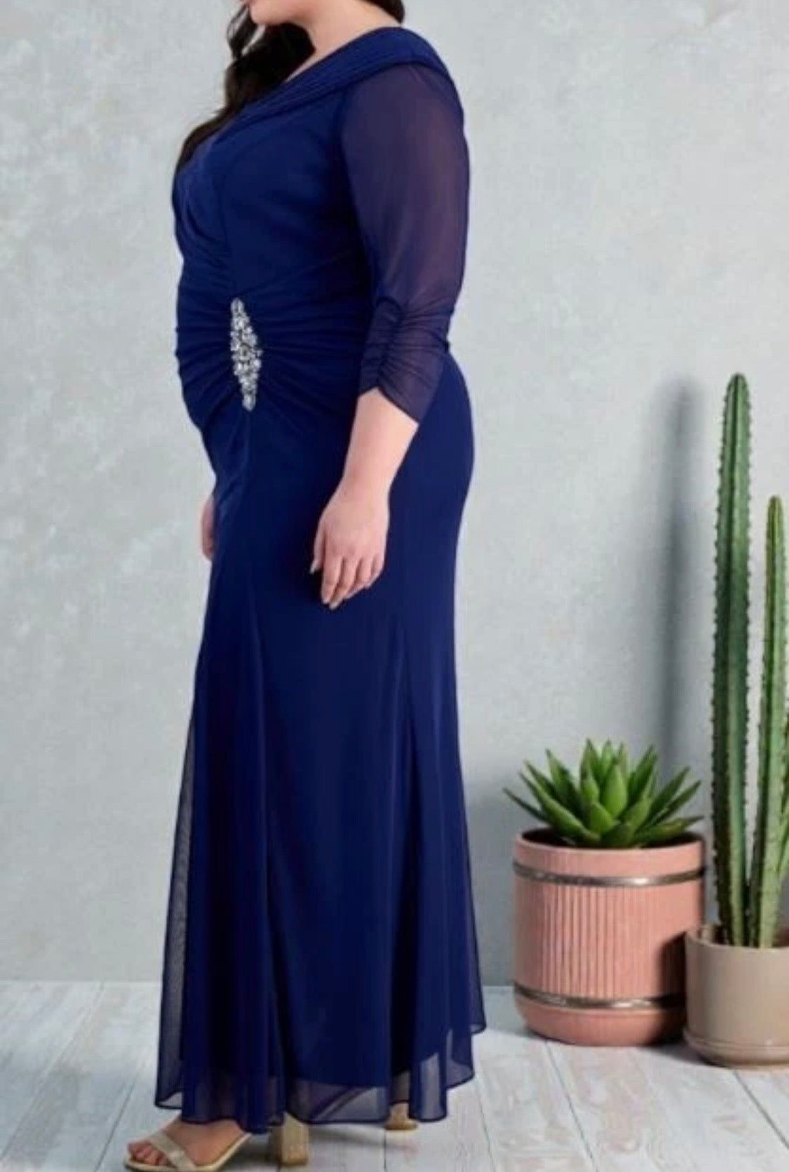 Plus Size Portrait-Collar Side-Ruched A-Line Dress