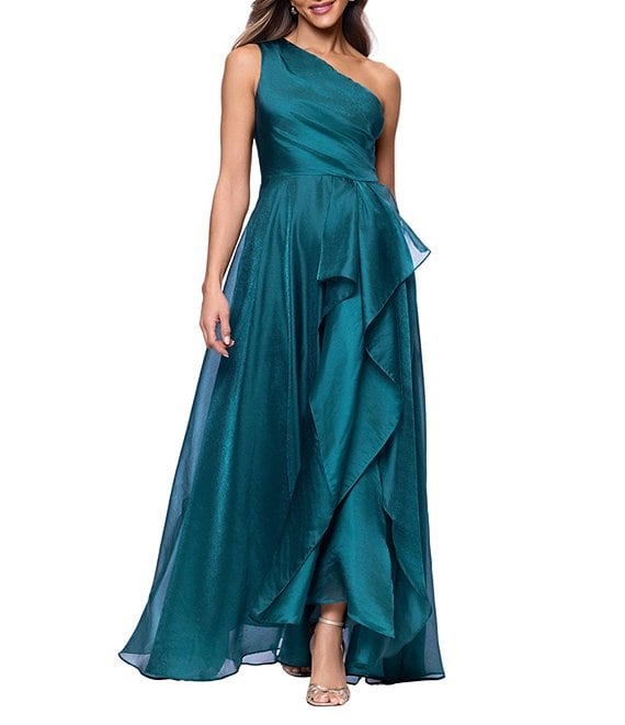 XSCAPE Metallic Draped One-Shoulder Gown