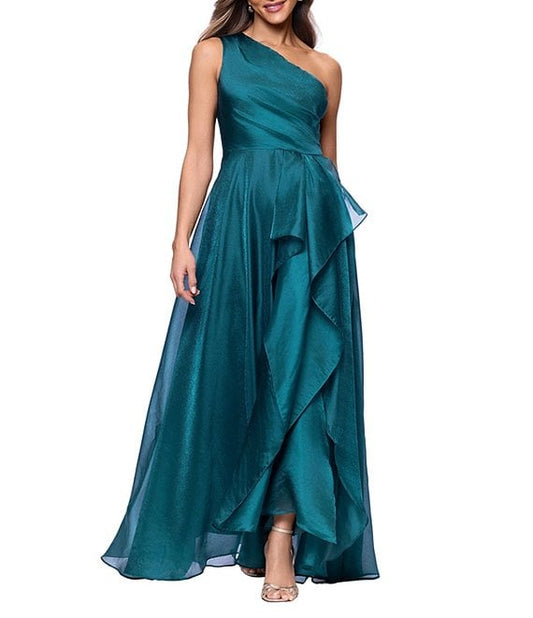 XSCAPE Metallic Draped One-Shoulder Gown