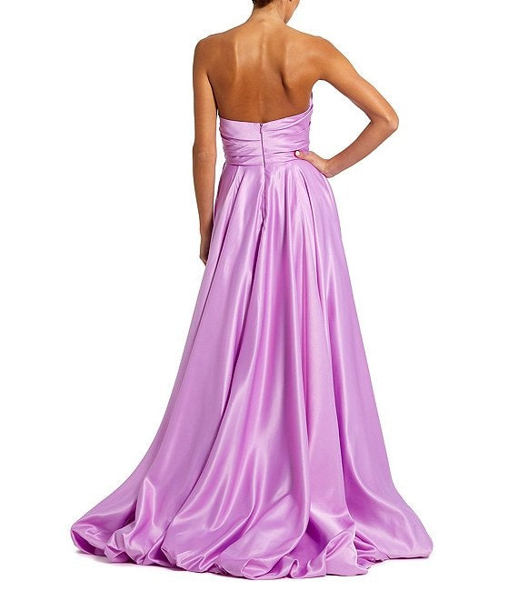 Purple Strapless Ruched High Low Gown