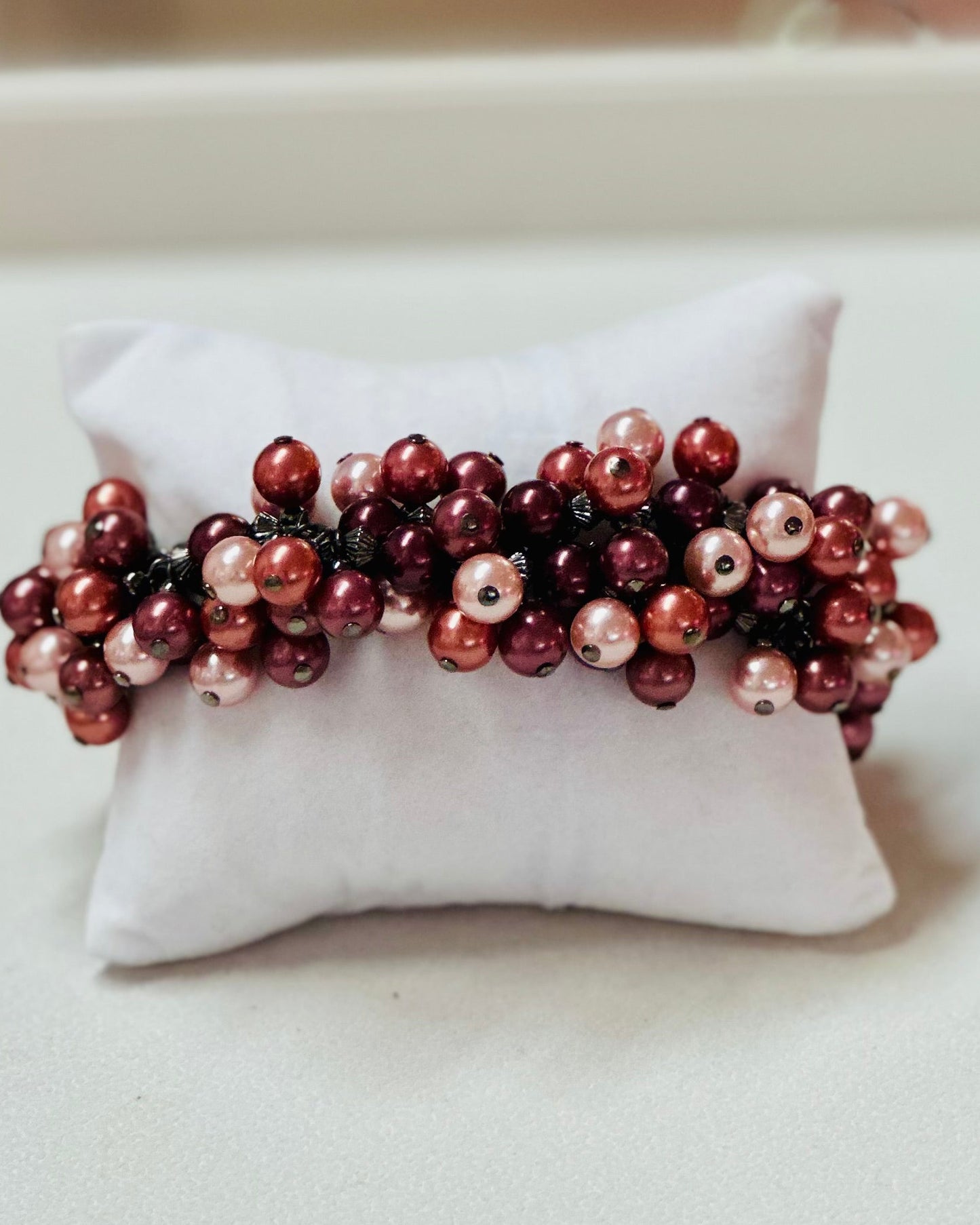 Vintage Cranberry Pearl Cluster Statement Bracelet