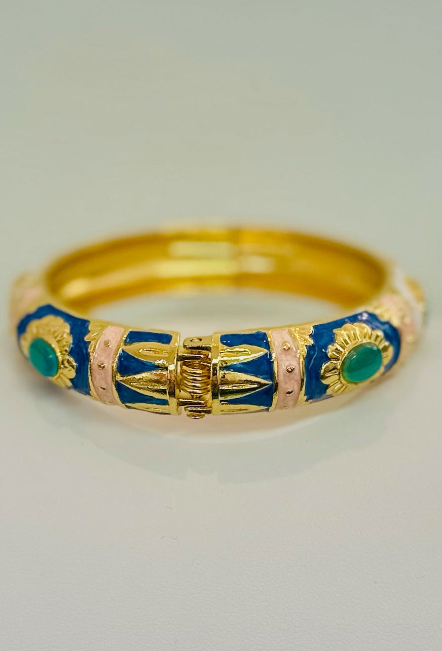 Vintage Ornate Enamel & Green Cabochon Hinged Bangle
