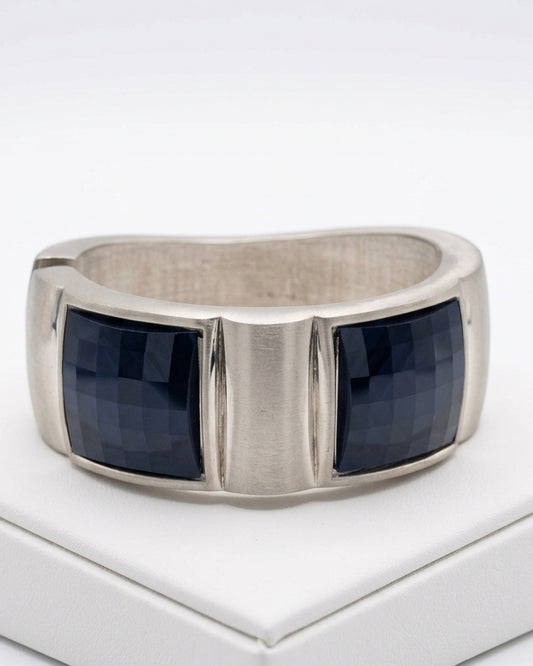 Vintage Brushed Silver Faceted Black Onyx-Style Hinged Cuff